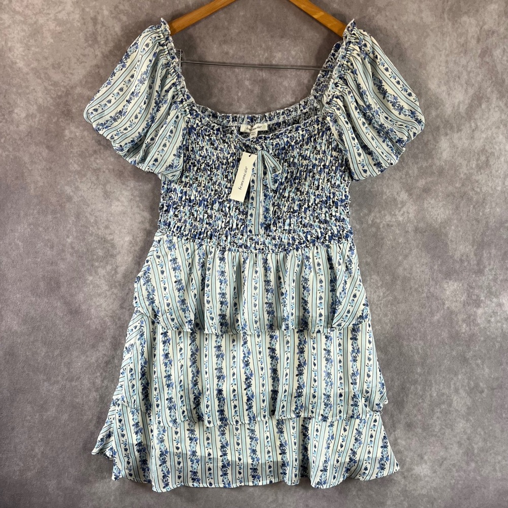 Francesca's Mini Dress Women XL Blue Floral Stripe Smock Tiered Puff Sleeve NEW